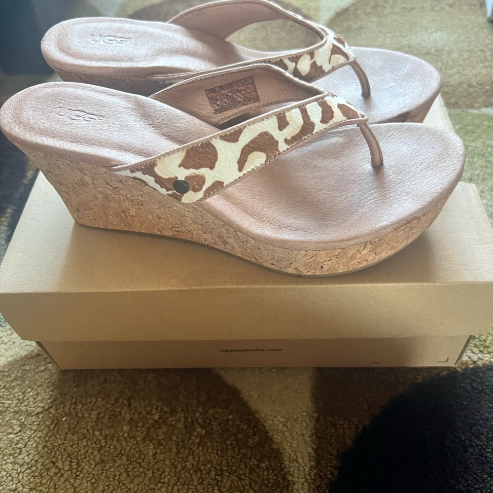 UGG Women's Brown Animal Print Cork Wedges